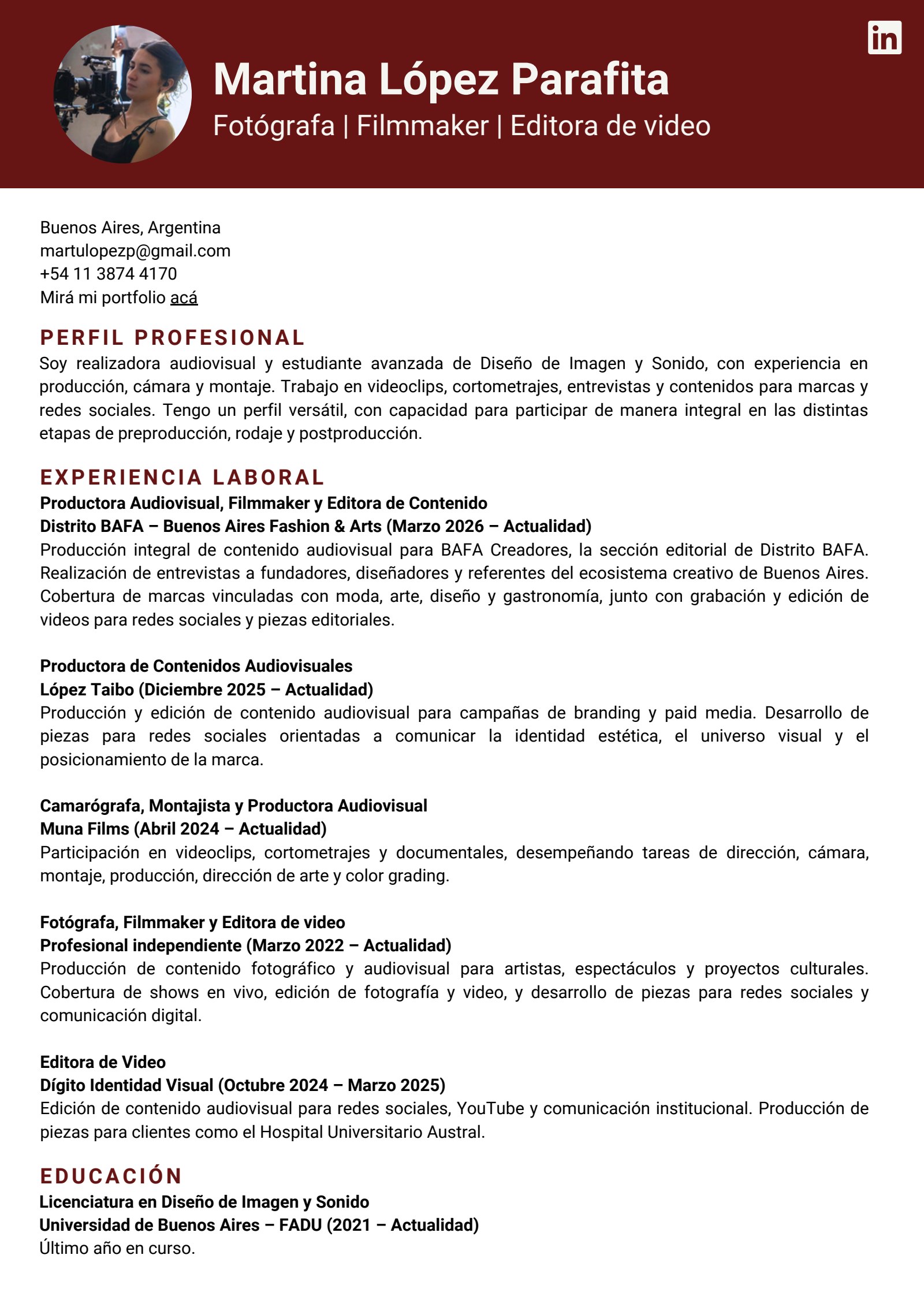 Curriculum Vitae de Martina López Parafita